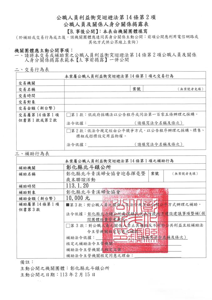 彰化縣北斗青溪婦女協會-理事長 林素珍-彰化縣北斗青溪婦女協會迎春揮毫暨歲末聯誼活動-補助金額：10000元事後公開