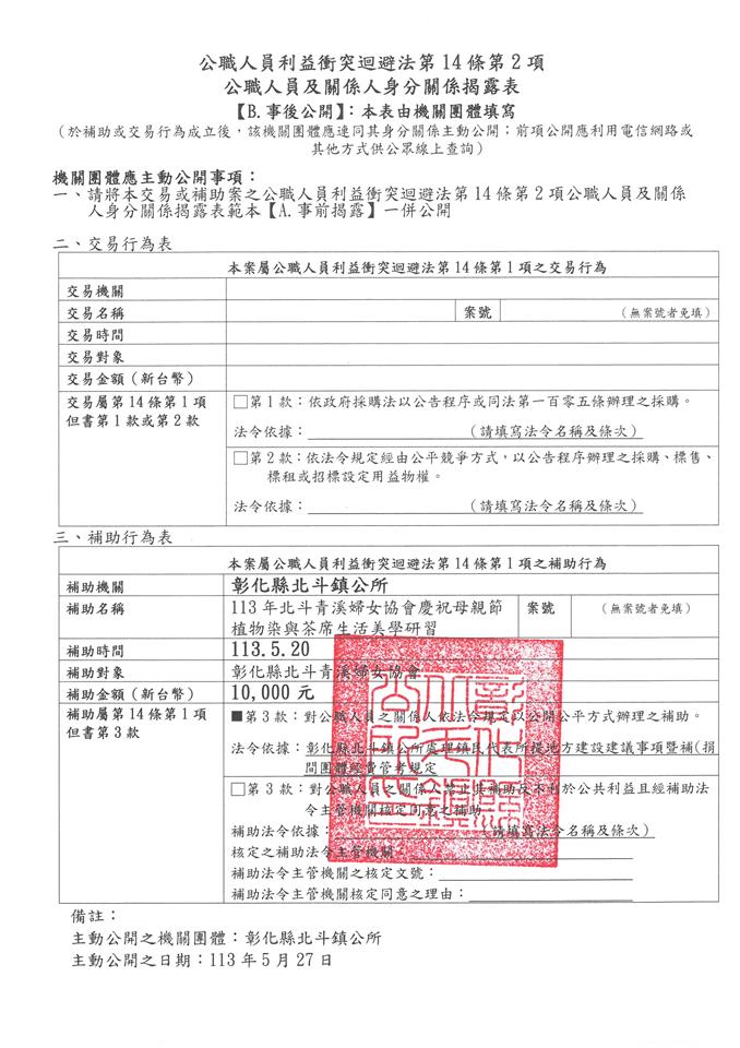 彰化縣北斗青溪婦女協會-理事長 林素珍-113年北斗青溪婦女協會慶祝母親節植物染與茶席生活美學研習-補助金額：10000元事後公開