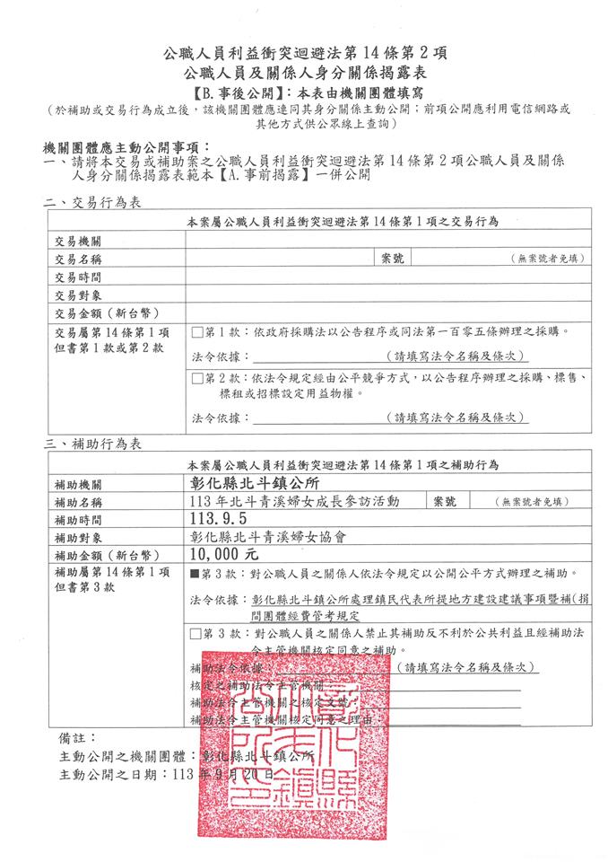 彰化縣北斗青溪婦女協會-理事長 林素珍-113年北斗青溪婦女成長參訪活動-補助金額：10000元事後公開