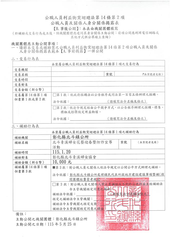 彰化縣北斗青溪婦女協會-理事長 林素珍-北斗青溪婦女花藝迎春暨防詐宣導活動-補助金額：10000元事後公開