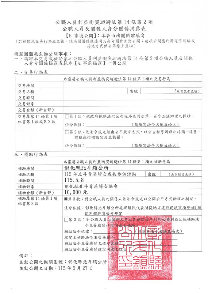 彰化縣北斗青溪婦女協會-理事長 林素珍-115年北斗青溪婦女成長參訪活動-補助金額：10000元事後公開