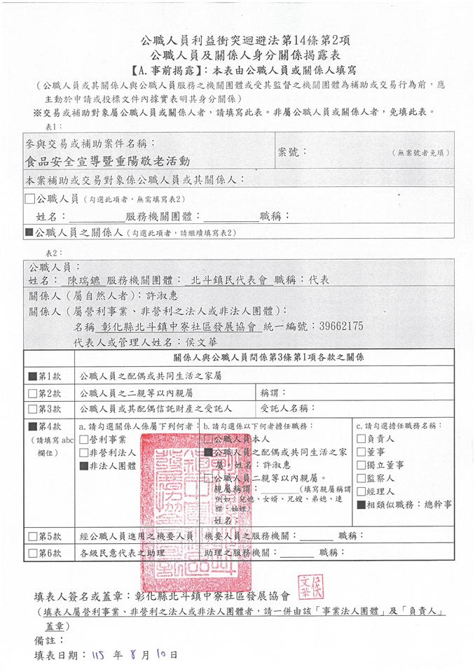彰化縣北斗鎮中寮社區發展協會-總幹事 許淑惠-食品安全宣導暨重陽敬老活動-補助金額：6000元事前揭露