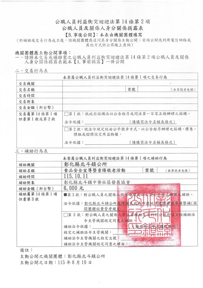 彰化縣北斗鎮中寮社區發展協會-總幹事 許淑惠-食品安全宣導暨重陽敬老活動-補助金額：6000元事後公開