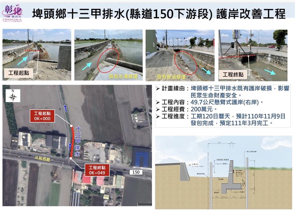 埤頭鄉十三甲排水護岸改善工程施工範圍圖