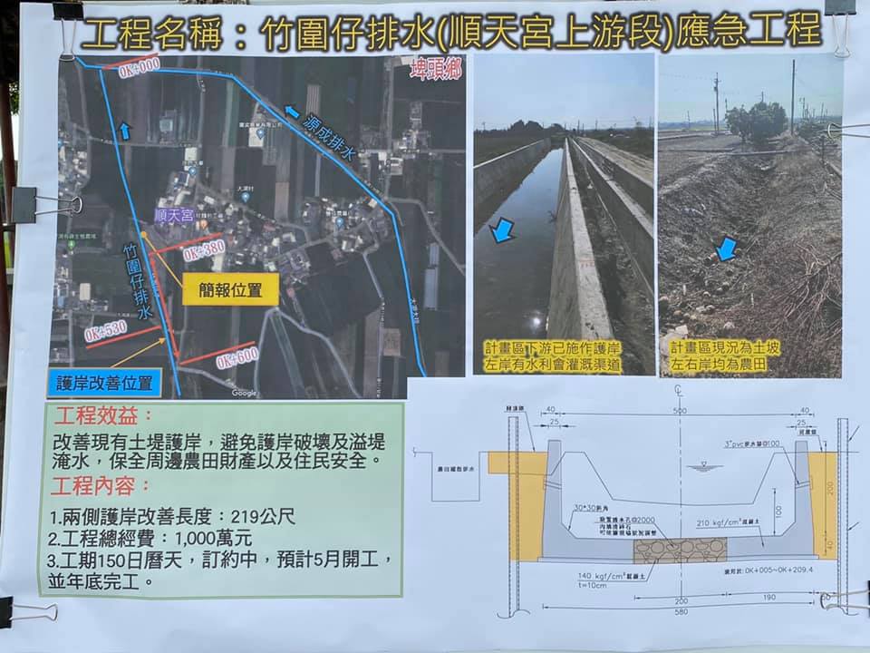 竹圍仔排水（順天宮上游段）應急工程現地簡報護岸改善位置及工程內容
