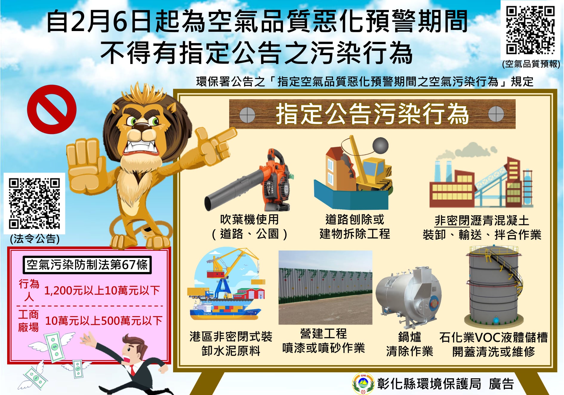 清潔隊自110年2月6日起為空氣品質惡化預警期間，不得有指定公告之汙染行為。