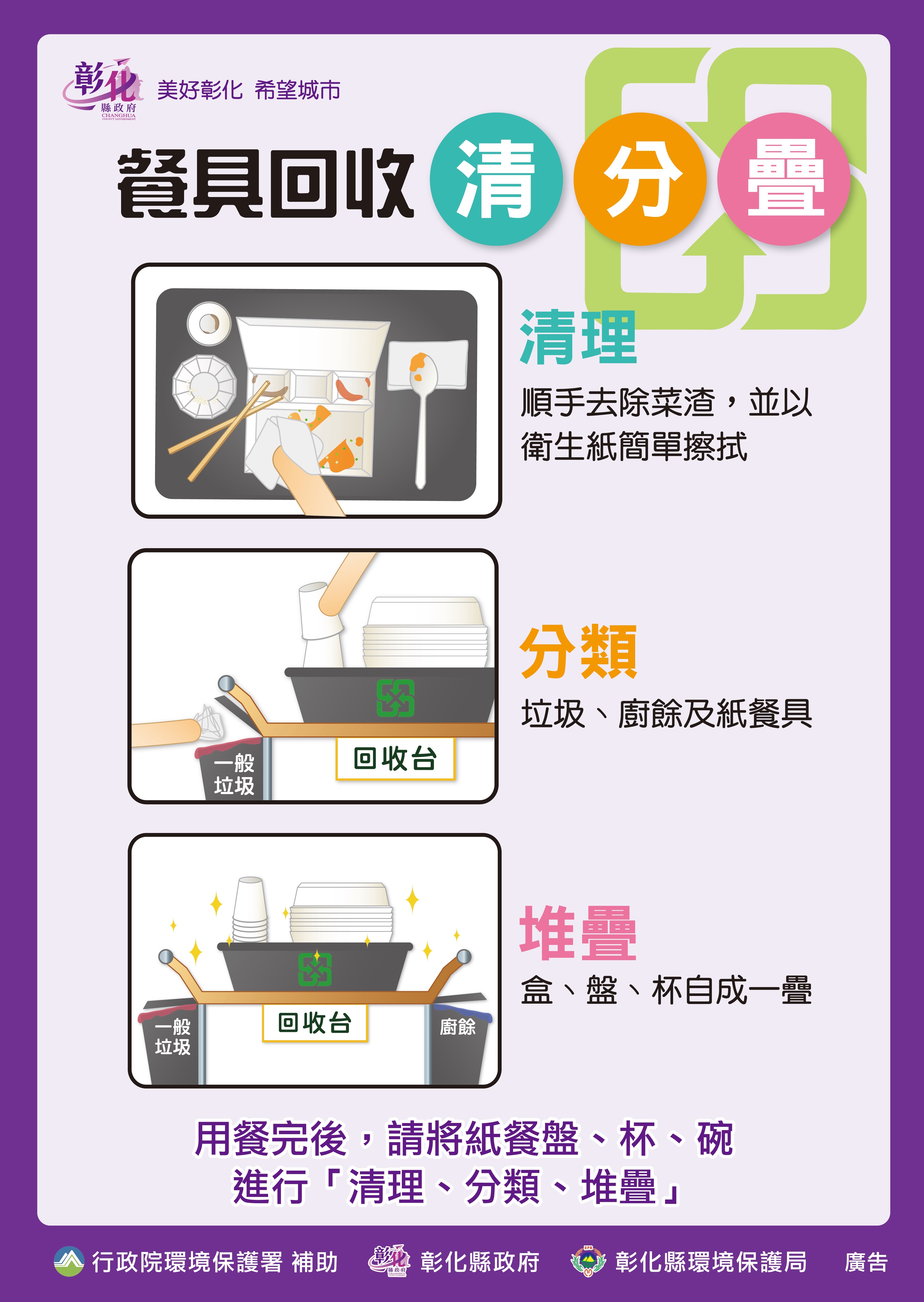 清潔隊紙餐具回收「清分疊」。  
(一) 清：紙餐具回收前，去除食物殘渣後簡單擦拭清理。  
(二) 分：將垃圾、廚餘及紙餐具分類。  
(三) 疊：按盒、盤、杯堆疊，將紙餐具確實回收。
